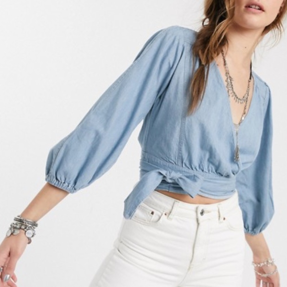 NWT Free People Sophie Denim Wrap Crop Top - Picture 2 of 6